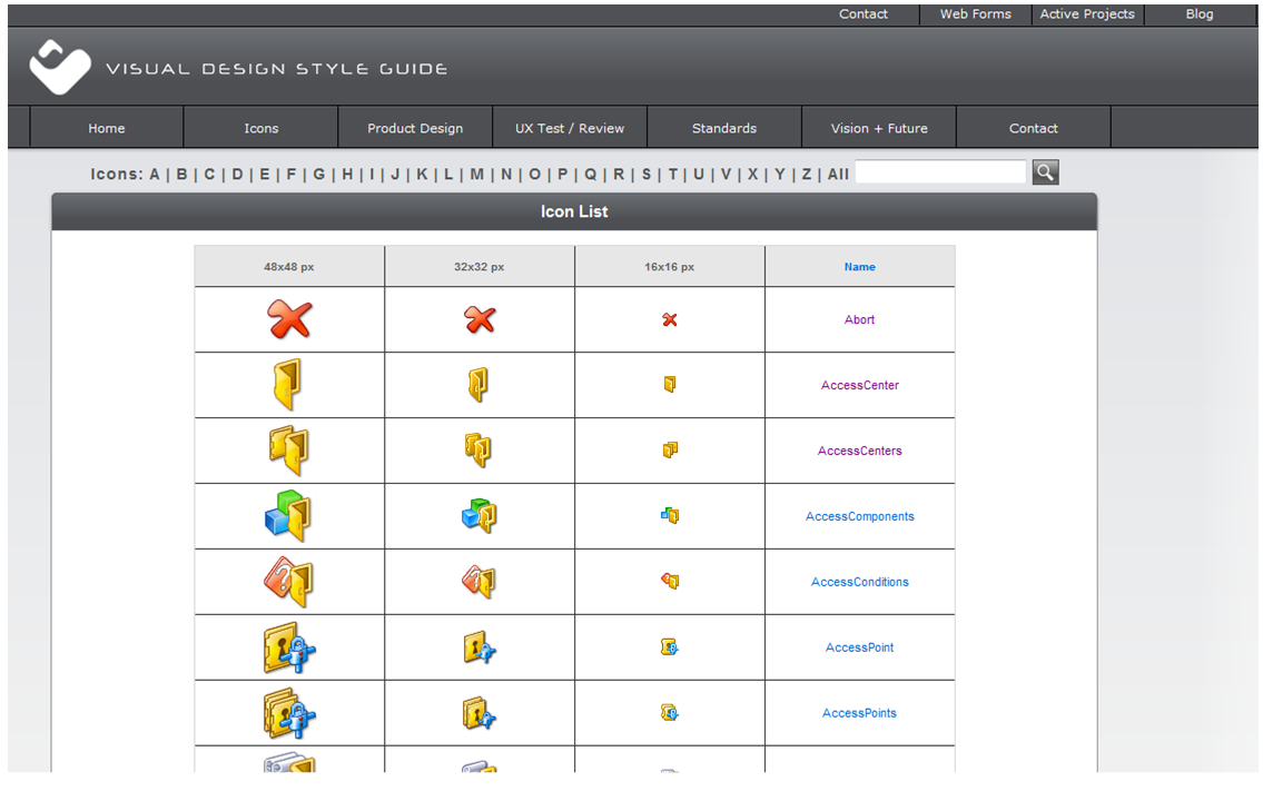 Visual Design Style Guide — Citrix internal tool showing the indexed icon list with 48x48, 32x32, and 16x16 sizes per icon.